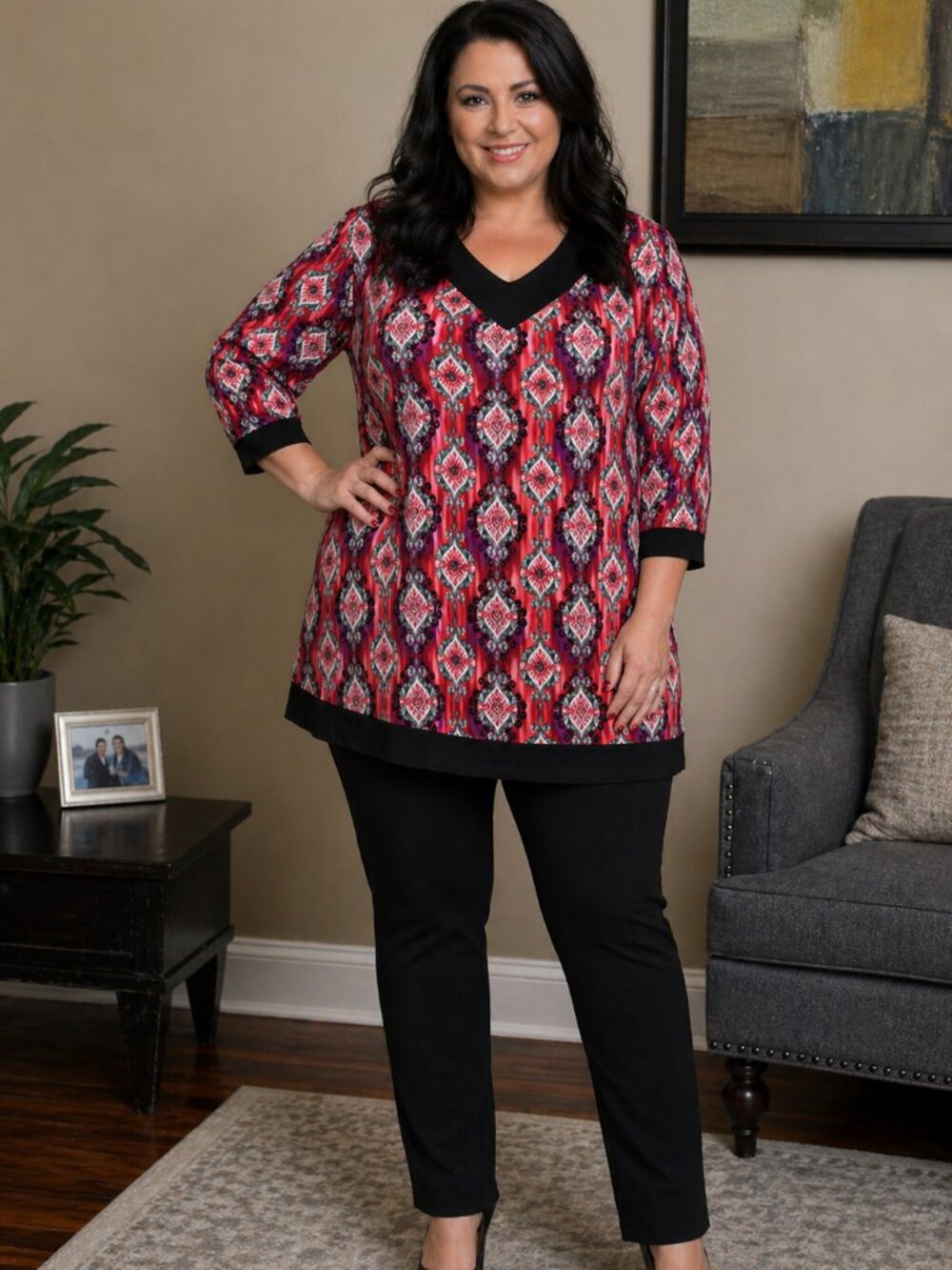 NEW DIRECTION  Womens Top Plus 1X Colorful Red/Black Paisley  3/4 Sleeve